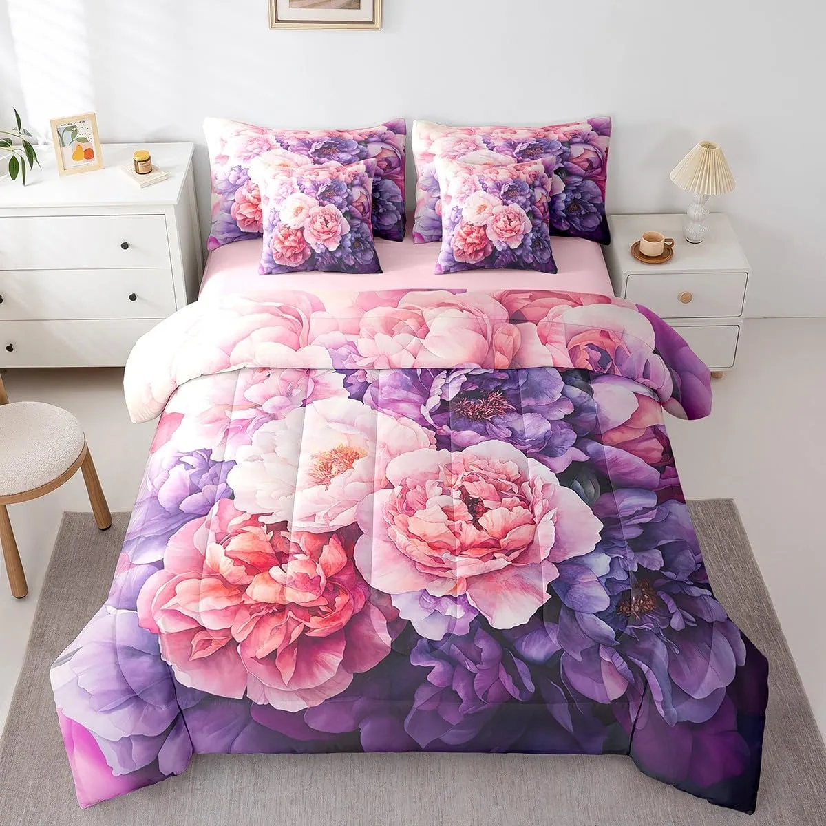 Erosebridal Rose Pink Floral Comforter Set with Sheets 7 Piece Queen, Purple Flowers Bed in A Bag for Kids Girls Teens Adult Women Bedroom, Modern Minimalist Botanical Bedding Set Natural Decor