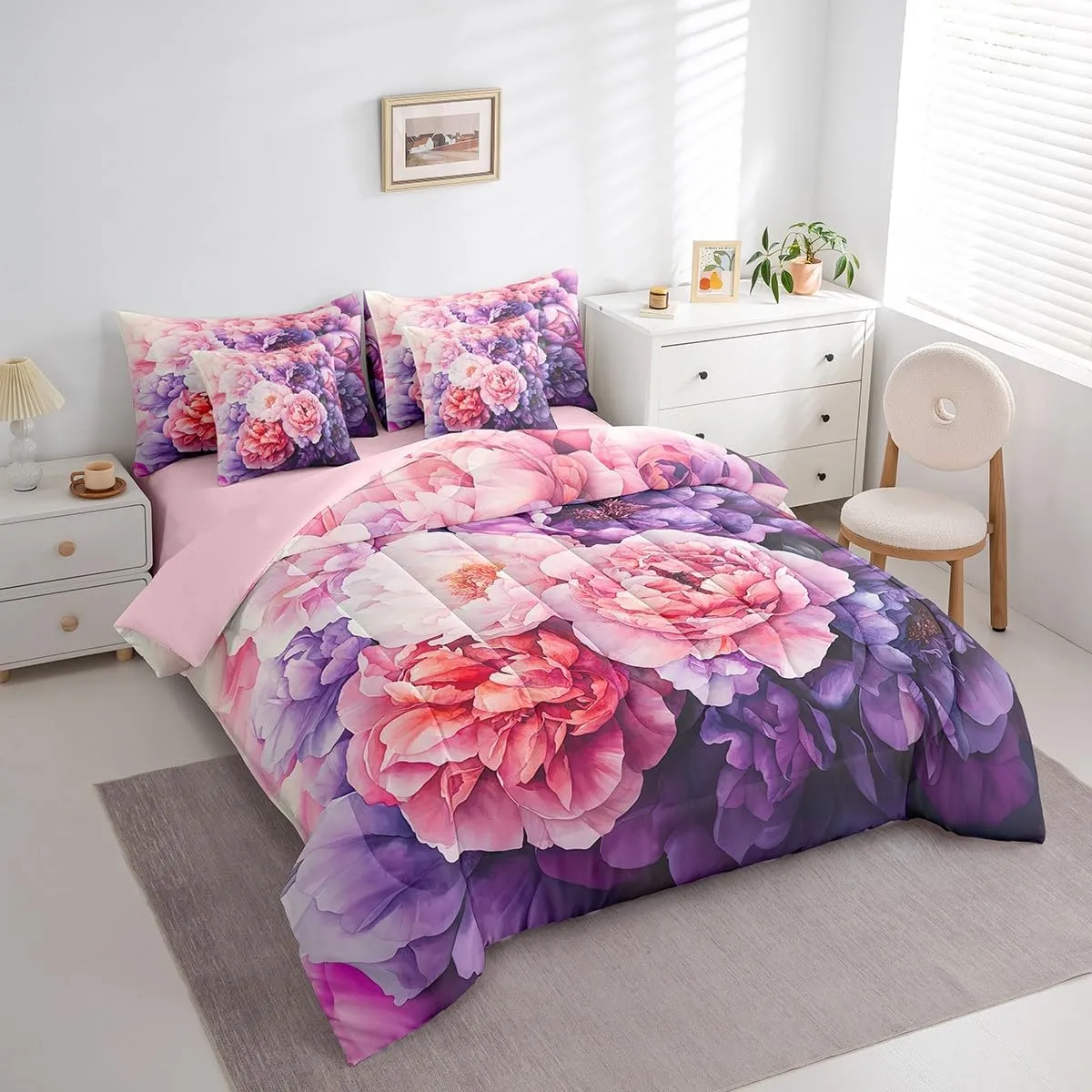 Erosebridal Rose Pink Floral Comforter Set with Sheets 7 Piece Queen, Purple Flowers Bed in A Bag for Kids Girls Teens Adult Women Bedroom, Modern Minimalist Botanical Bedding Set Natural Decor