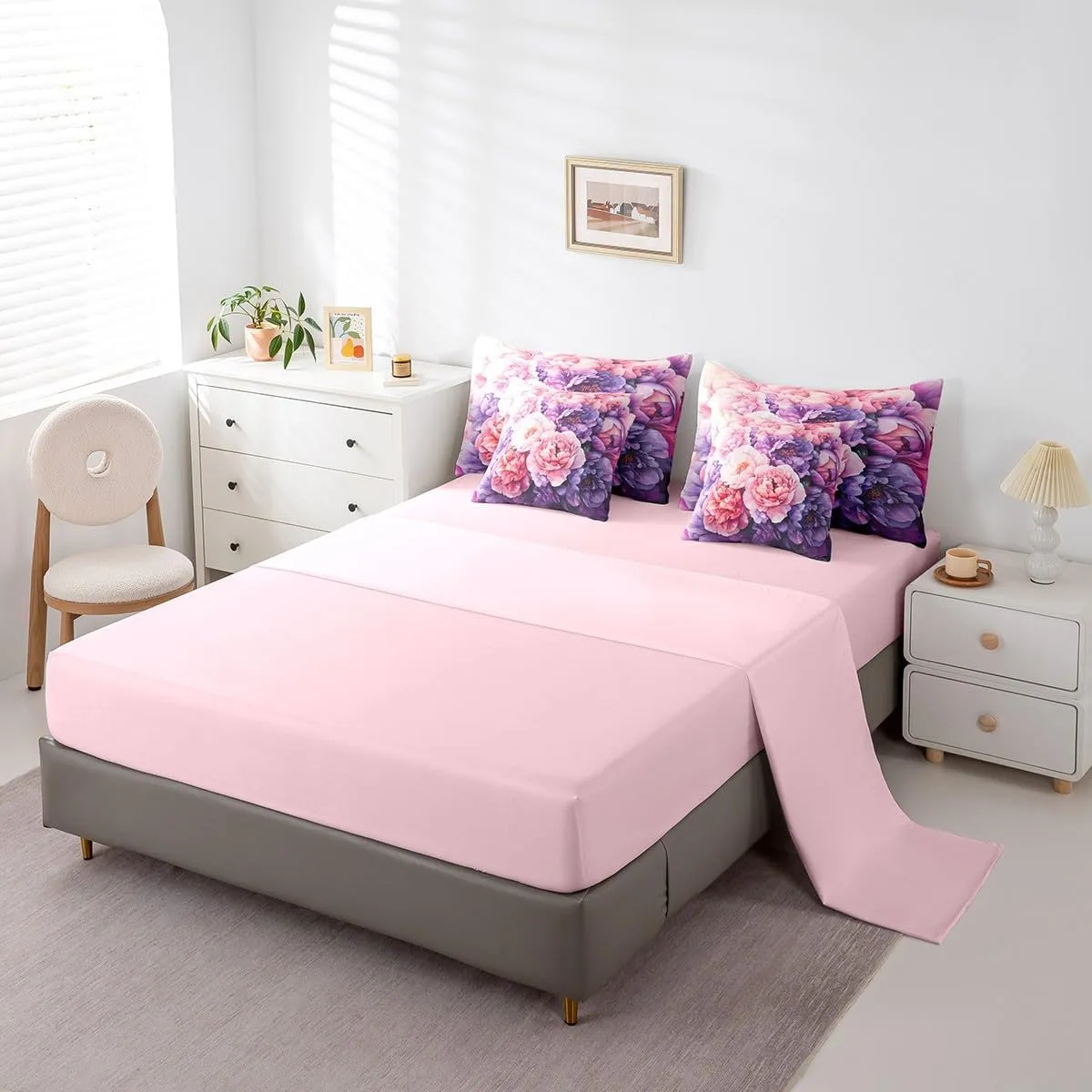 Erosebridal Rose Pink Floral Comforter Set with Sheets 7 Piece Queen, Purple Flowers Bed in A Bag for Kids Girls Teens Adult Women Bedroom, Modern Minimalist Botanical Bedding Set Natural Decor