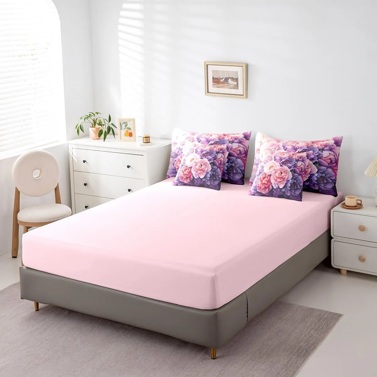 Erosebridal Rose Pink Floral Comforter Set with Sheets 7 Piece Queen, Purple Flowers Bed in A Bag for Kids Girls Teens Adult Women Bedroom, Modern Minimalist Botanical Bedding Set Natural Decor