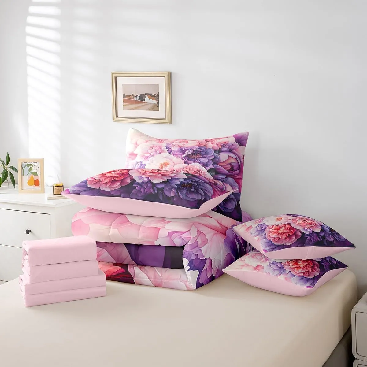 Erosebridal Rose Pink Floral Comforter Set with Sheets 7 Piece Queen, Purple Flowers Bed in A Bag for Kids Girls Teens Adult Women Bedroom, Modern Minimalist Botanical Bedding Set Natural Decor