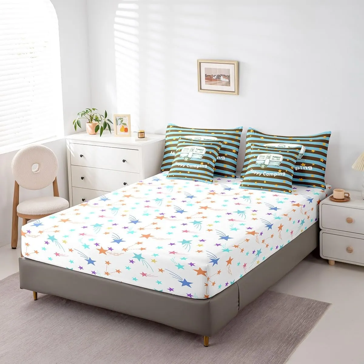 Erosebridal Rv Bedding Set 7 Pieces Happy Camping Comforter Set,Camper for Travel Trailers Themed Bed in A Bag for Kids Boys Teens Retro Wooden Wildlife Sheet Set with Comforter,Queen