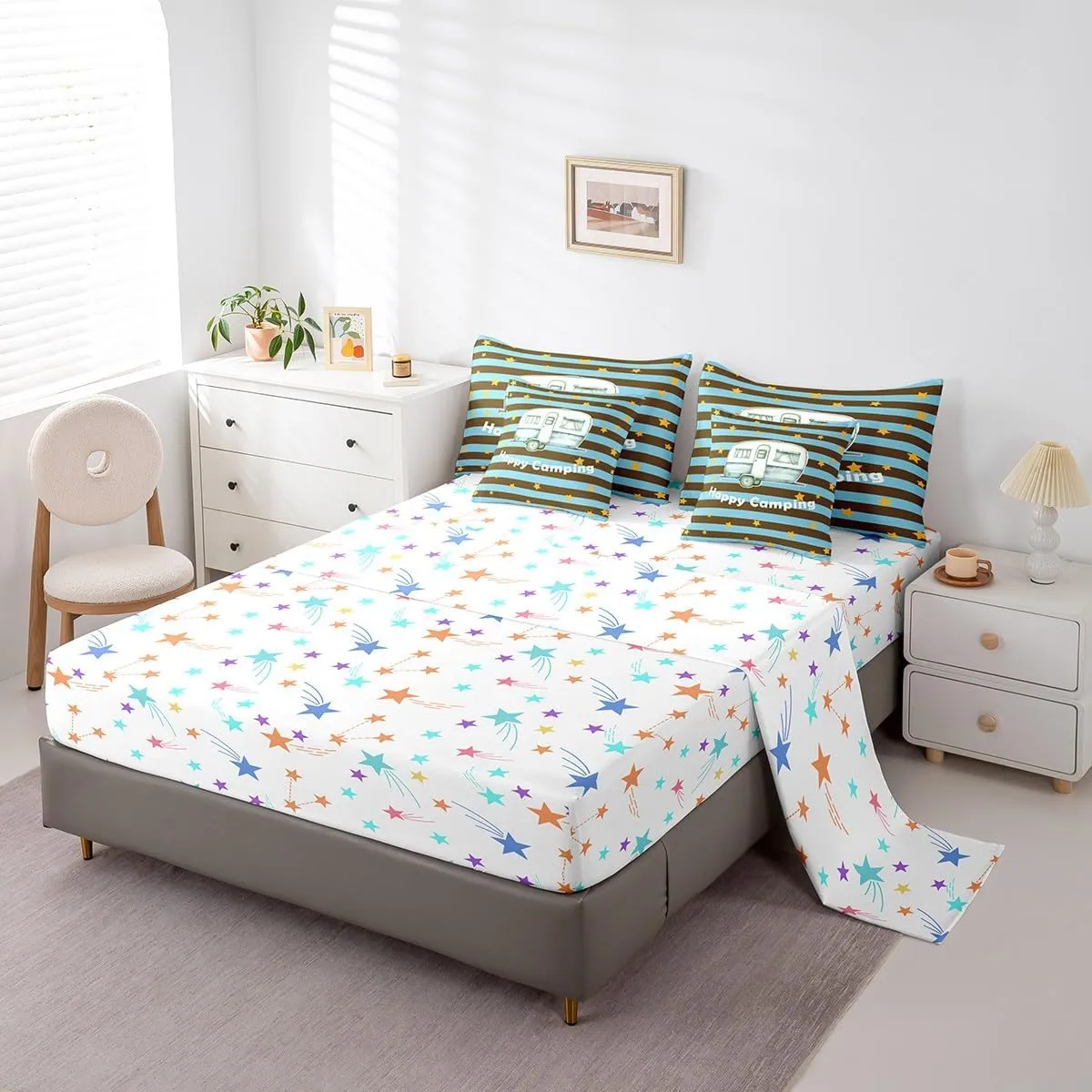 Erosebridal Rv Bedding Set 7 Pieces Happy Camping Comforter Set,Camper for Travel Trailers Themed Bed in A Bag for Kids Boys Teens Retro Wooden Wildlife Sheet Set with Comforter,Queen