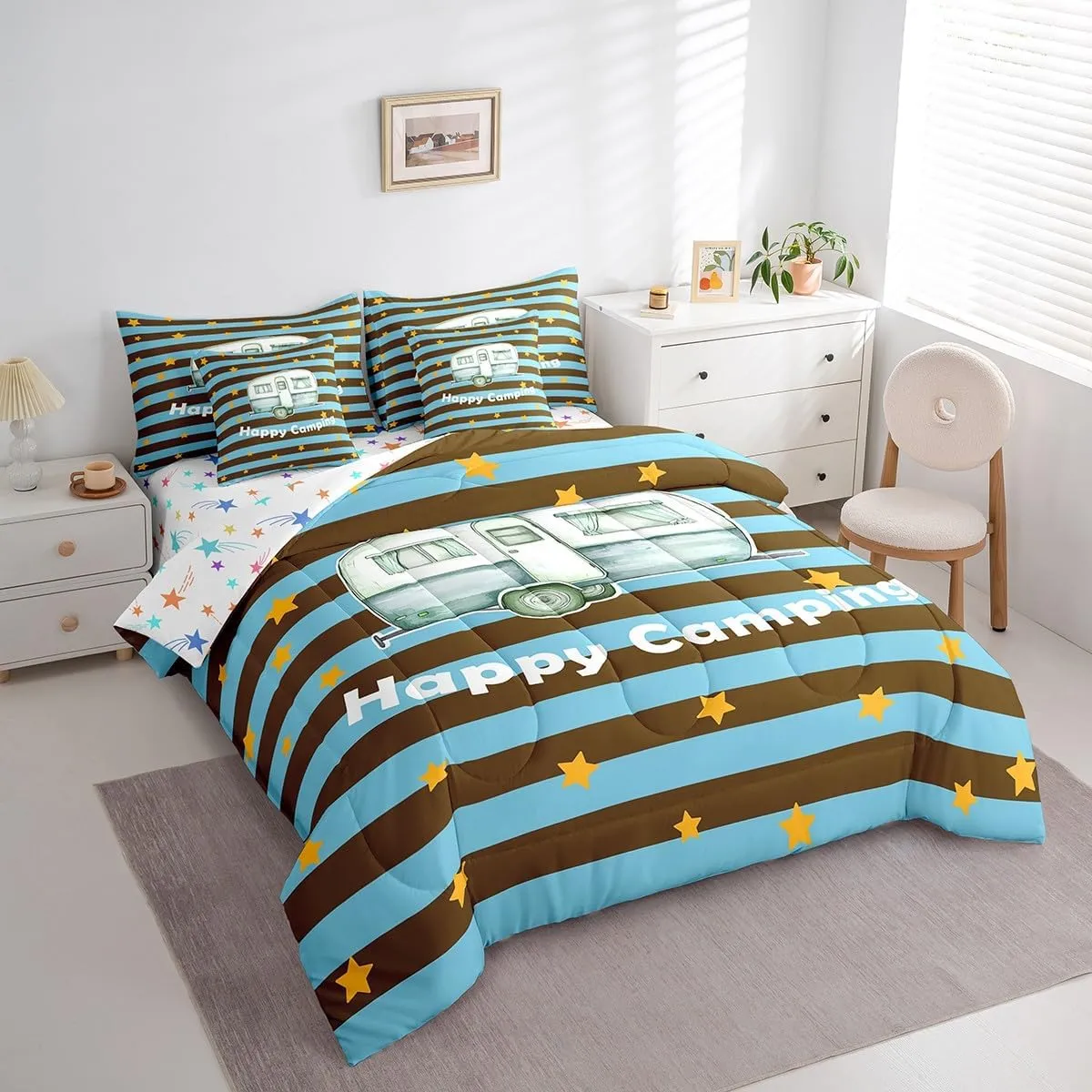 Erosebridal Rv Bedding Set 7 Pieces Happy Camping Comforter Set,Camper for Travel Trailers Themed Bed in A Bag for Kids Boys Teens Retro Wooden Wildlife Sheet Set with Comforter,Queen