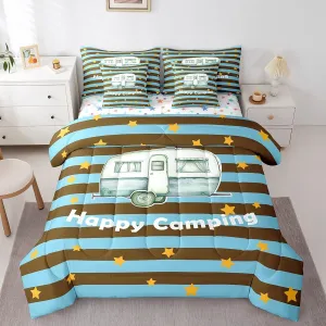 Erosebridal Rv Bedding Set 7 Pieces Happy Camping Comforter Set,Camper for Travel Trailers Themed Bed in A Bag for Kids Boys Teens Retro Wooden Wildlife Sheet Set with Comforter,Queen