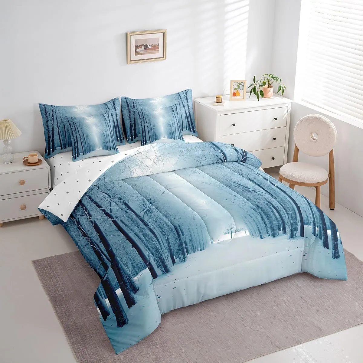 Erosebridal Winter 7 Pcs Comforter Set Full, Blue Snow Snowstorm Bedding, Park Winter Landscape Scene Bed in A Bag Sheet Set, Snowy Woodland Trees Duvet Insert