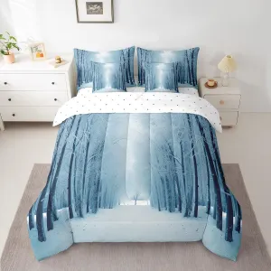 Erosebridal Winter 7 Pcs Comforter Set Full, Blue Snow Snowstorm Bedding, Park Winter Landscape Scene Bed in A Bag Sheet Set, Snowy Woodland Trees Duvet Insert