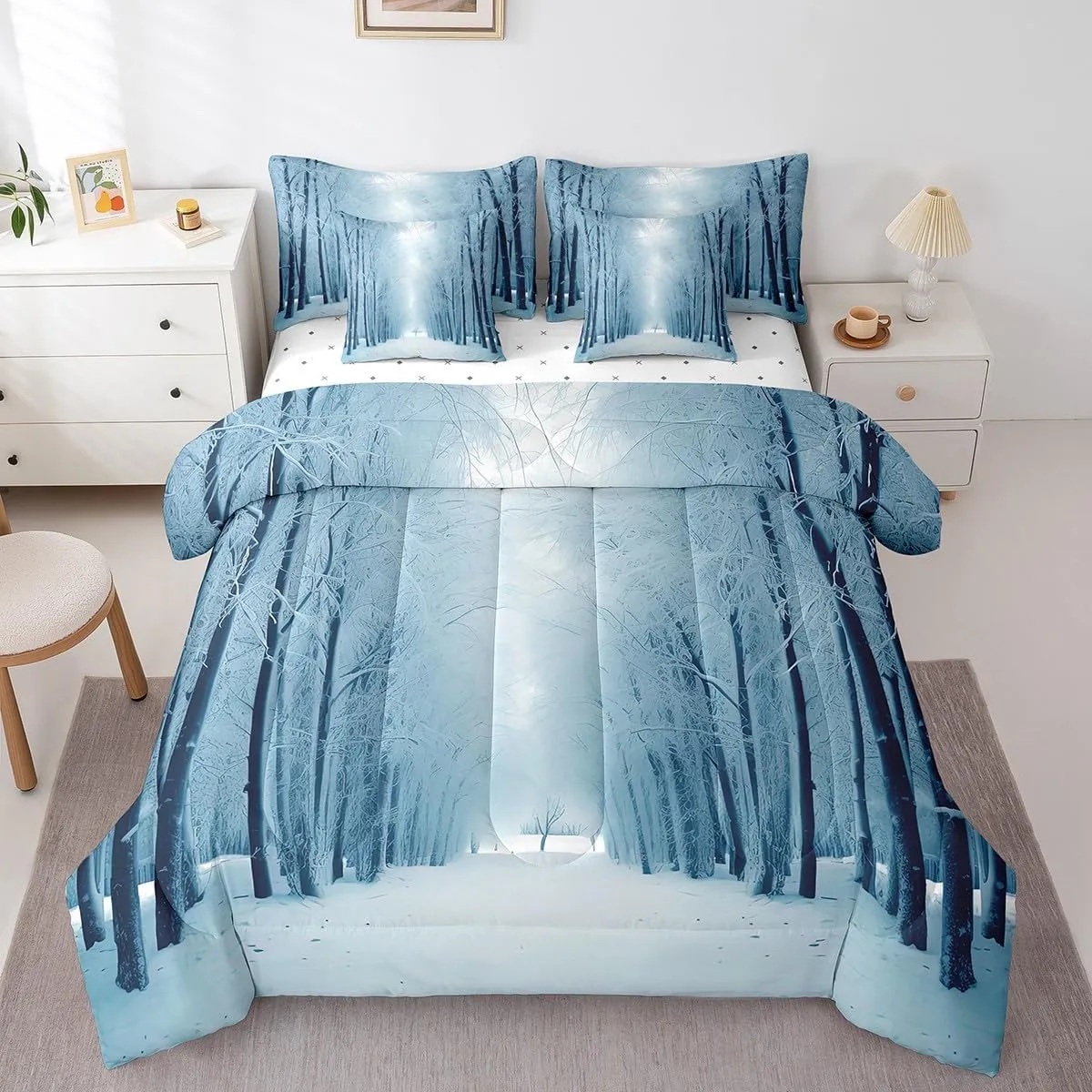Erosebridal Winter 7 Pcs Comforter Set Full, Blue Snow Snowstorm Bedding, Park Winter Landscape Scene Bed in A Bag Sheet Set, Snowy Woodland Trees Duvet Insert