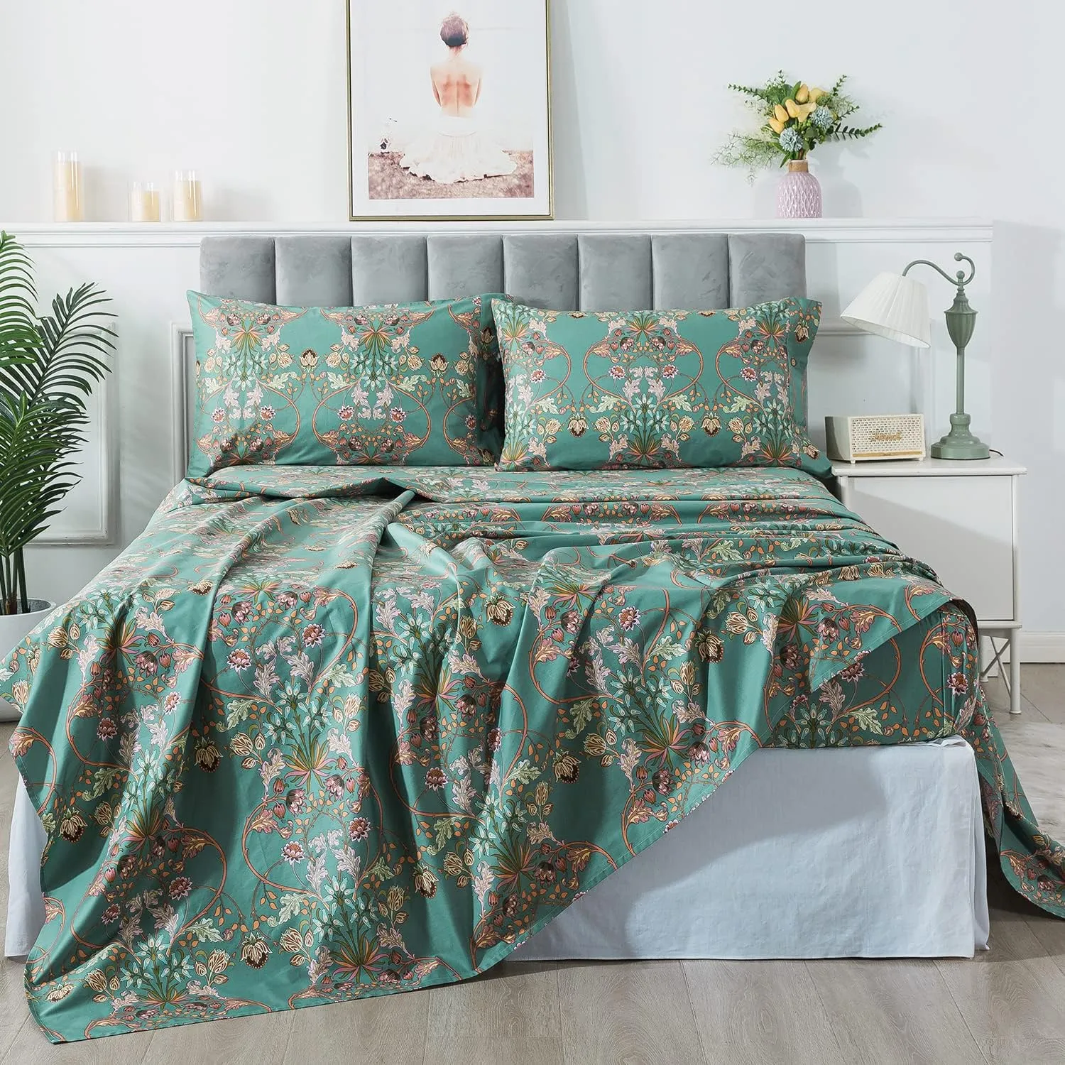 FADFAY Floral Queen Sheet Set Shabby Vintage Bed Sheet Percale Cotton Chic Teal Blue Orange American Country Style Bedding Luxury Super Soft Breathable Crisp Bed Deep Pocket Fitted Sheet 4 Pcs