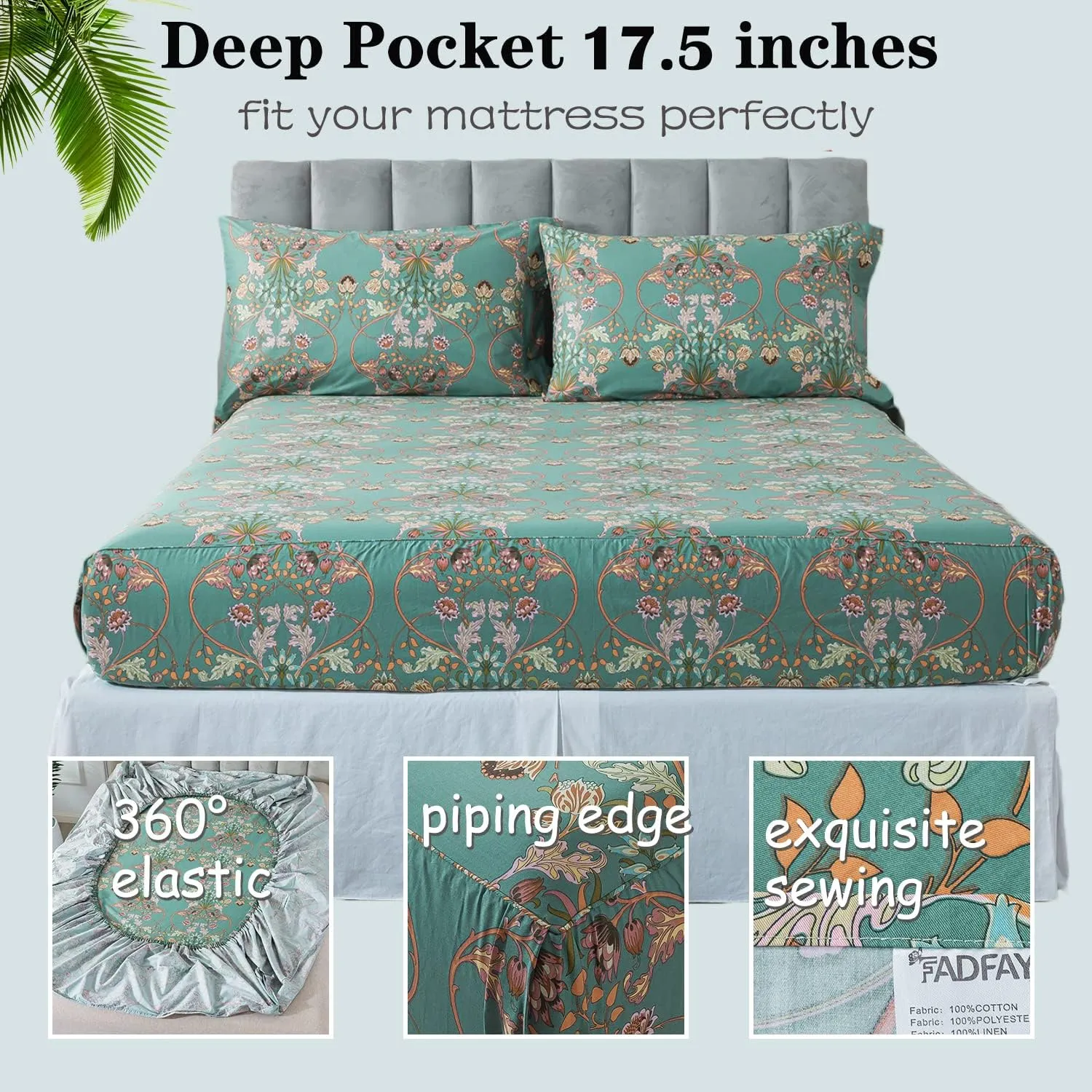 FADFAY Floral Queen Sheet Set Shabby Vintage Bed Sheet Percale Cotton Chic Teal Blue Orange American Country Style Bedding Luxury Super Soft Breathable Crisp Bed Deep Pocket Fitted Sheet 4 Pcs