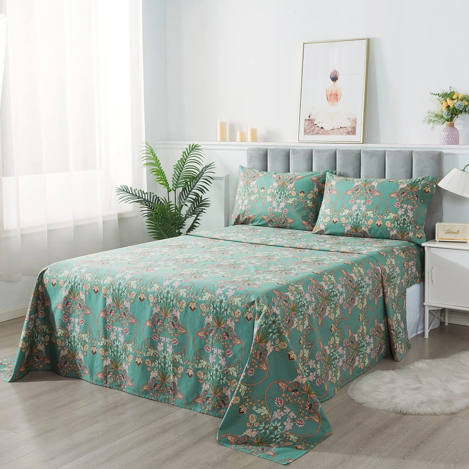 FADFAY Floral Queen Sheet Set Shabby Vintage Bed Sheet Percale Cotton Chic Teal Blue Orange American Country Style Bedding Luxury Super Soft Breathable Crisp Bed Deep Pocket Fitted Sheet 4 Pcs
