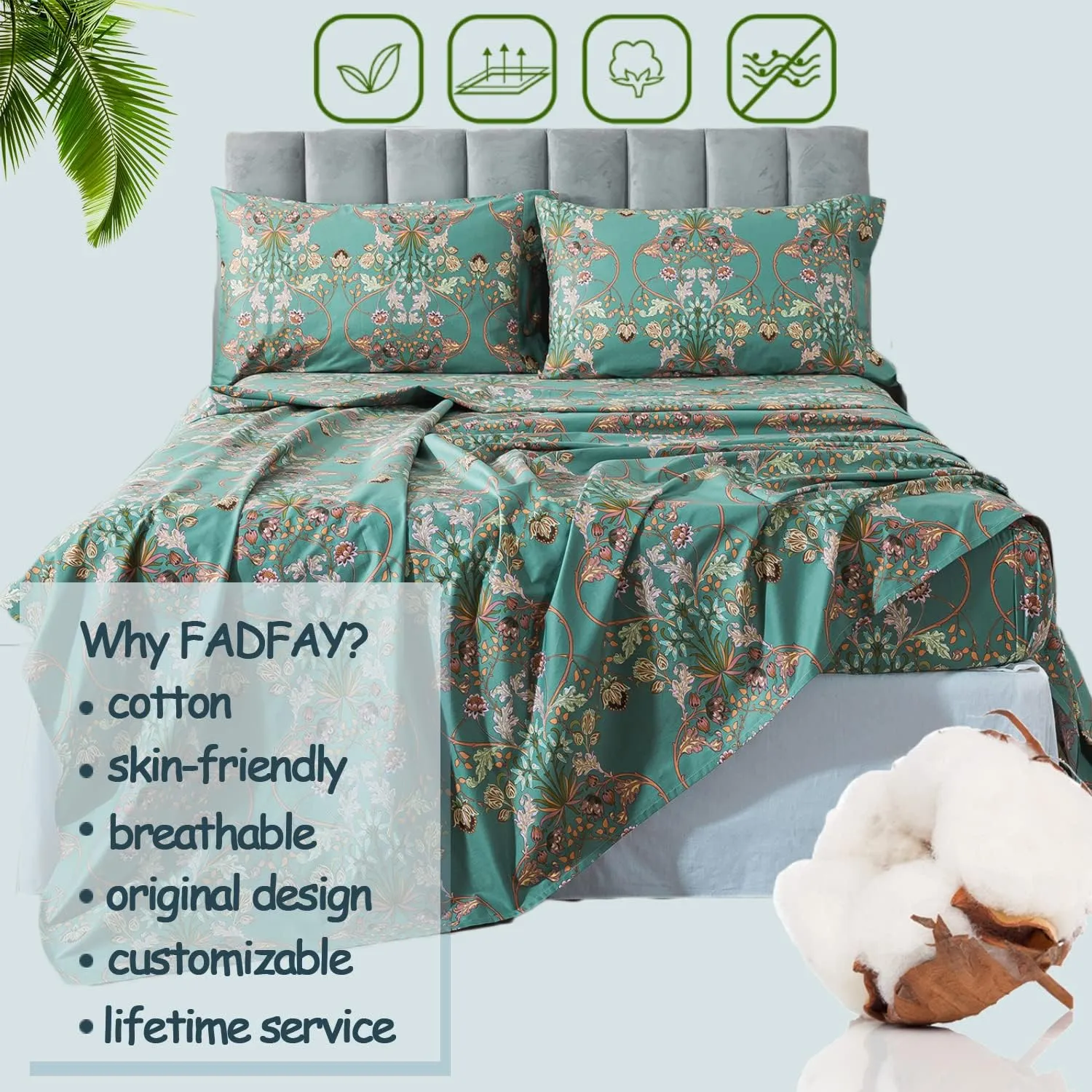 FADFAY Floral Queen Sheet Set Shabby Vintage Bed Sheet Percale Cotton Chic Teal Blue Orange American Country Style Bedding Luxury Super Soft Breathable Crisp Bed Deep Pocket Fitted Sheet 4 Pcs