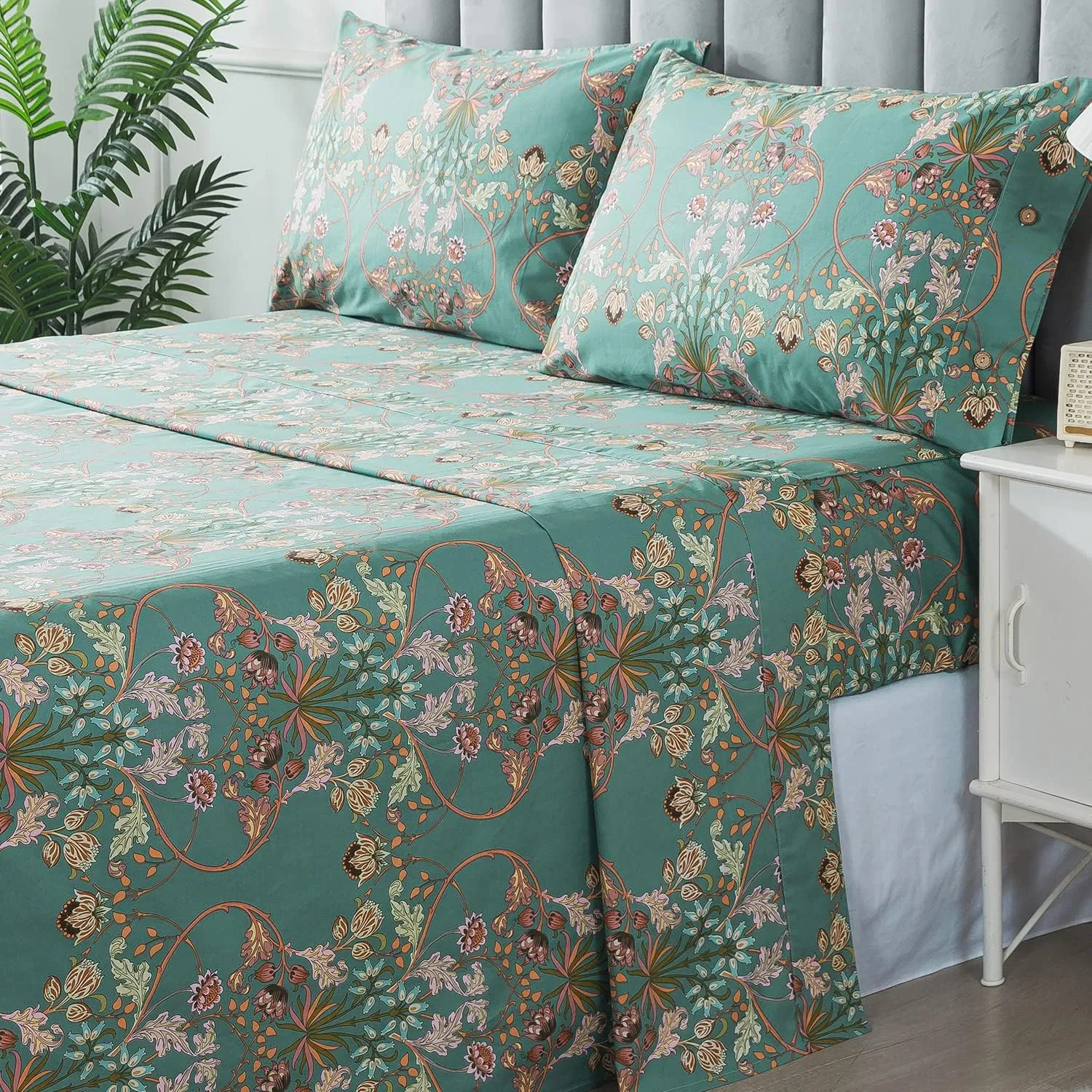 FADFAY Floral Queen Sheet Set Shabby Vintage Bed Sheet Percale Cotton Chic Teal Blue Orange American Country Style Bedding Luxury Super Soft Breathable Crisp Bed Deep Pocket Fitted Sheet 4 Pcs
