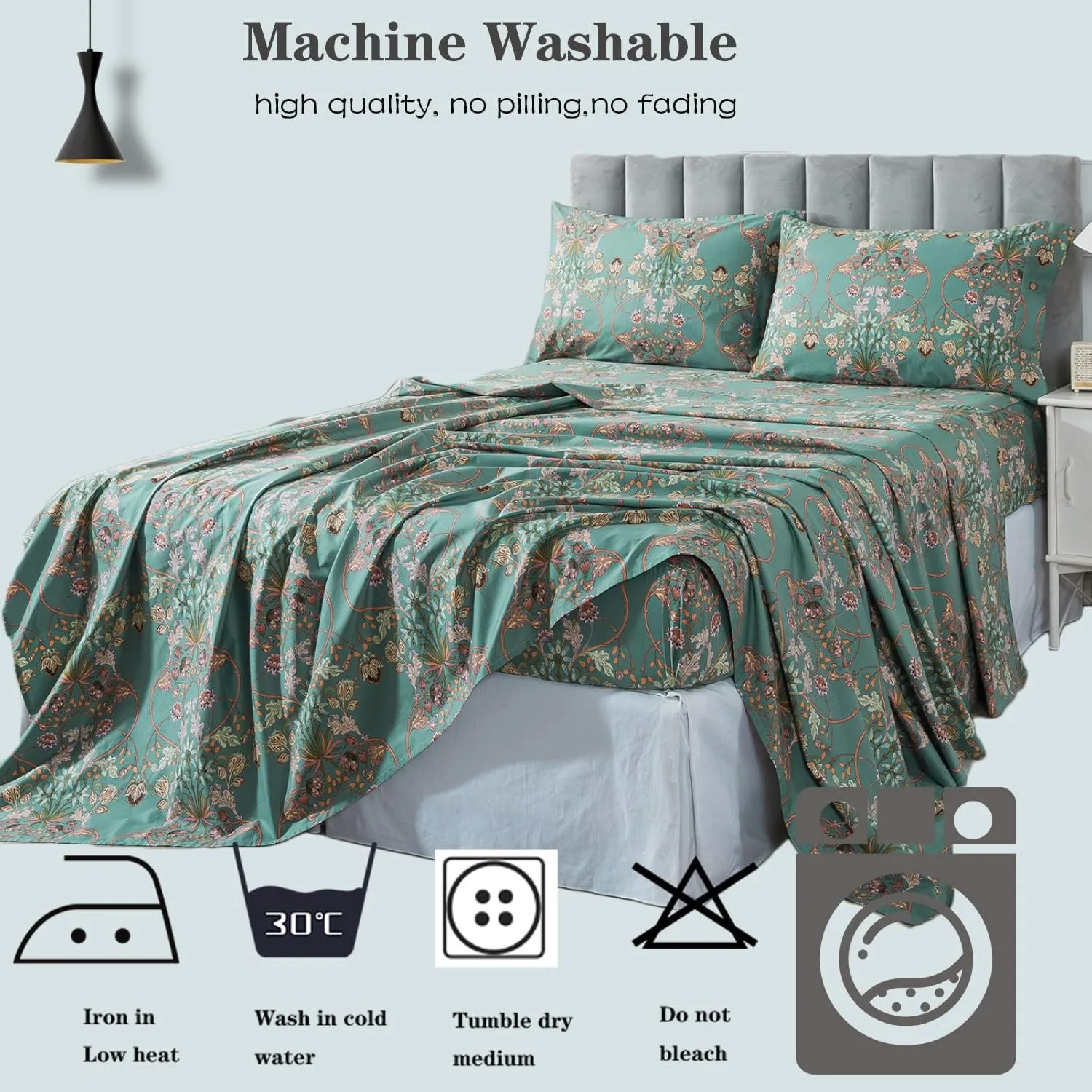 FADFAY Floral Queen Sheet Set Shabby Vintage Bed Sheet Percale Cotton Chic Teal Blue Orange American Country Style Bedding Luxury Super Soft Breathable Crisp Bed Deep Pocket Fitted Sheet 4 Pcs
