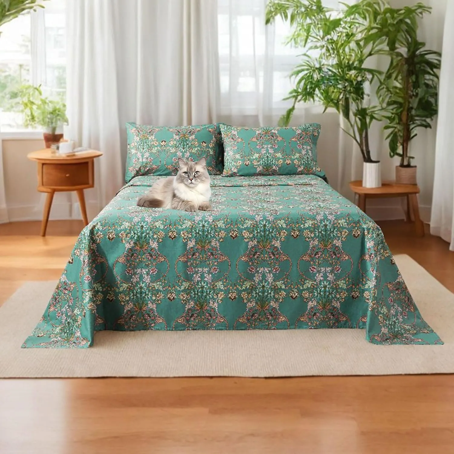 FADFAY Floral Queen Sheet Set Shabby Vintage Bed Sheet Percale Cotton Chic Teal Blue Orange American Country Style Bedding Luxury Super Soft Breathable Crisp Bed Deep Pocket Fitted Sheet 4 Pcs