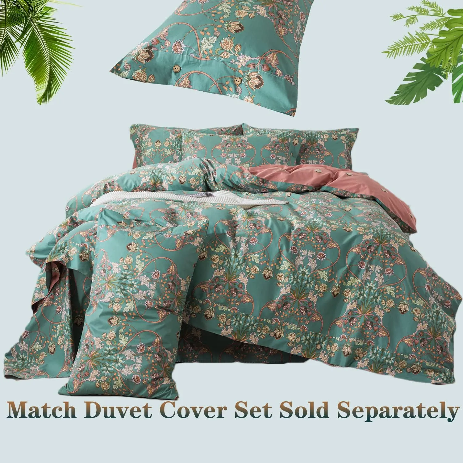 FADFAY Floral Queen Sheet Set Shabby Vintage Bed Sheet Percale Cotton Chic Teal Blue Orange American Country Style Bedding Luxury Super Soft Breathable Crisp Bed Deep Pocket Fitted Sheet 4 Pcs