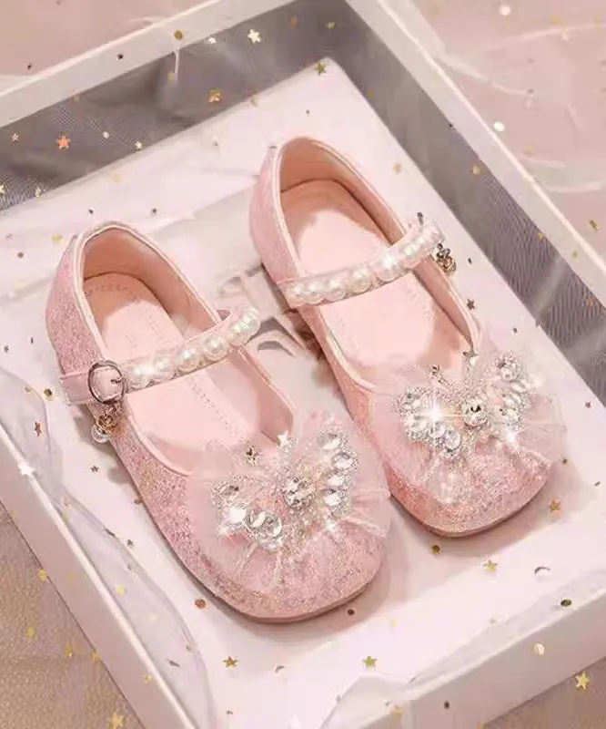Fashion Silvery Pearl Zircon Faux Leather Buckle Strap Kids Flat Shoes