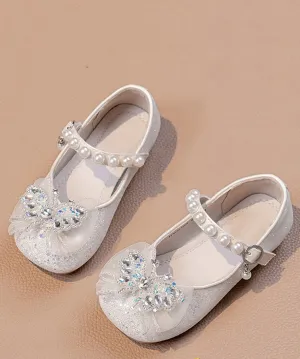 Fashion Silvery Pearl Zircon Faux Leather Buckle Strap Kids Flat Shoes
