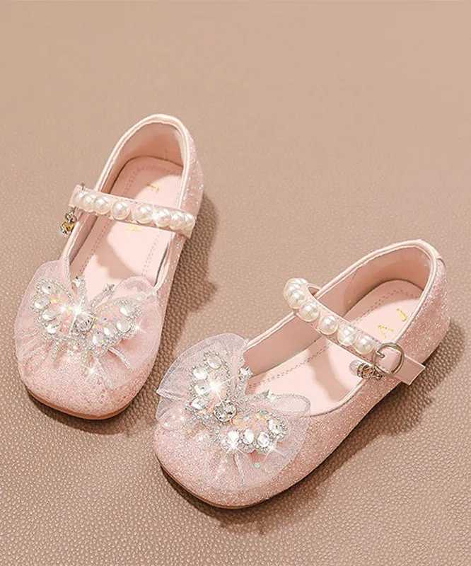 Fashion Silvery Pearl Zircon Faux Leather Buckle Strap Kids Flat Shoes