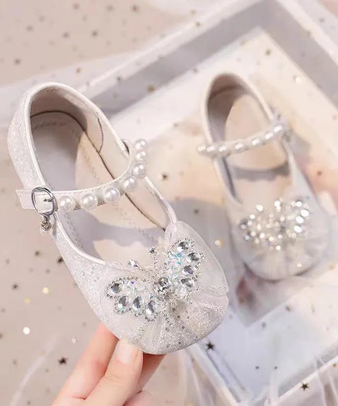 Fashion Silvery Pearl Zircon Faux Leather Buckle Strap Kids Flat Shoes