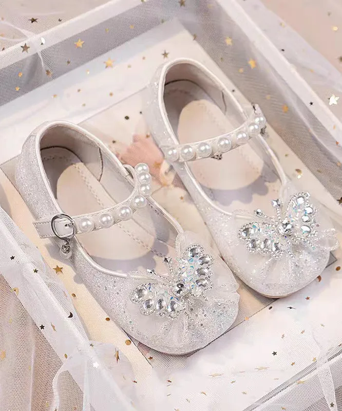 Fashion Silvery Pearl Zircon Faux Leather Buckle Strap Kids Flat Shoes
