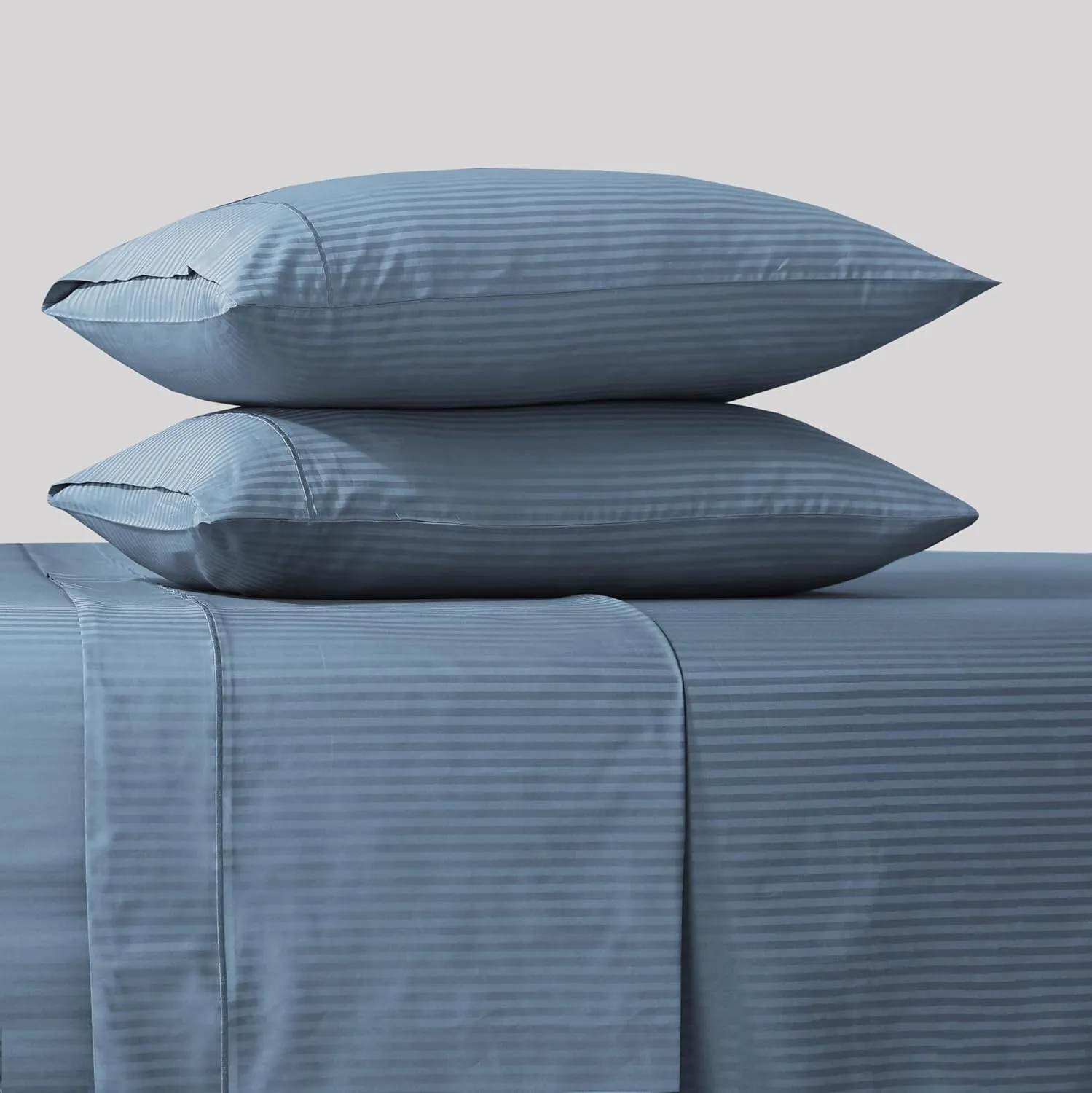 Feather & Stitch 500 TC Twin Size Damask Bed Sheet Set, 100% Cotton Soft Breathable Bedsheets, 3 Piece 18" Deep Pockets Sateen Weave Striped Bedding Mattress Resort Hotel Luxury- (Blue, Twin)
