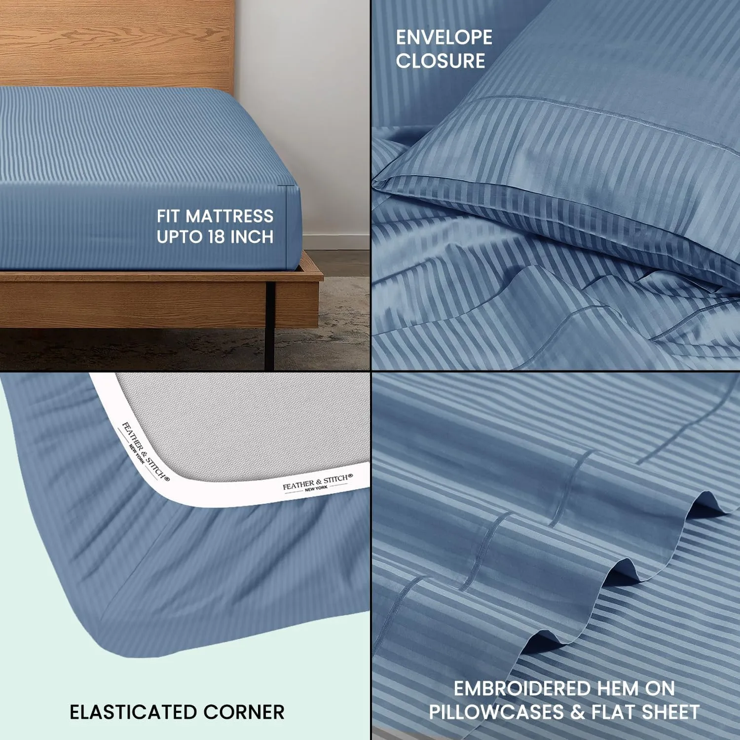 Feather & Stitch 500 TC Twin Size Damask Bed Sheet Set, 100% Cotton Soft Breathable Bedsheets, 3 Piece 18" Deep Pockets Sateen Weave Striped Bedding Mattress Resort Hotel Luxury- (Blue, Twin)