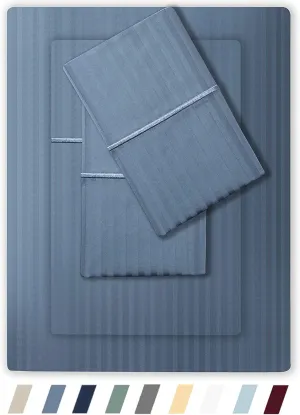 Feather & Stitch 500 TC Twin Size Damask Bed Sheet Set, 100% Cotton Soft Breathable Bedsheets, 3 Piece 18" Deep Pockets Sateen Weave Striped Bedding Mattress Resort Hotel Luxury- (Blue, Twin)