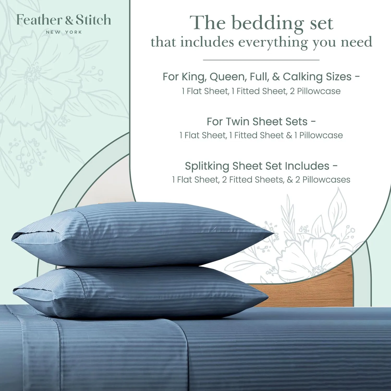Feather & Stitch 500 TC Twin Size Damask Bed Sheet Set, 100% Cotton Soft Breathable Bedsheets, 3 Piece 18" Deep Pockets Sateen Weave Striped Bedding Mattress Resort Hotel Luxury- (Blue, Twin)