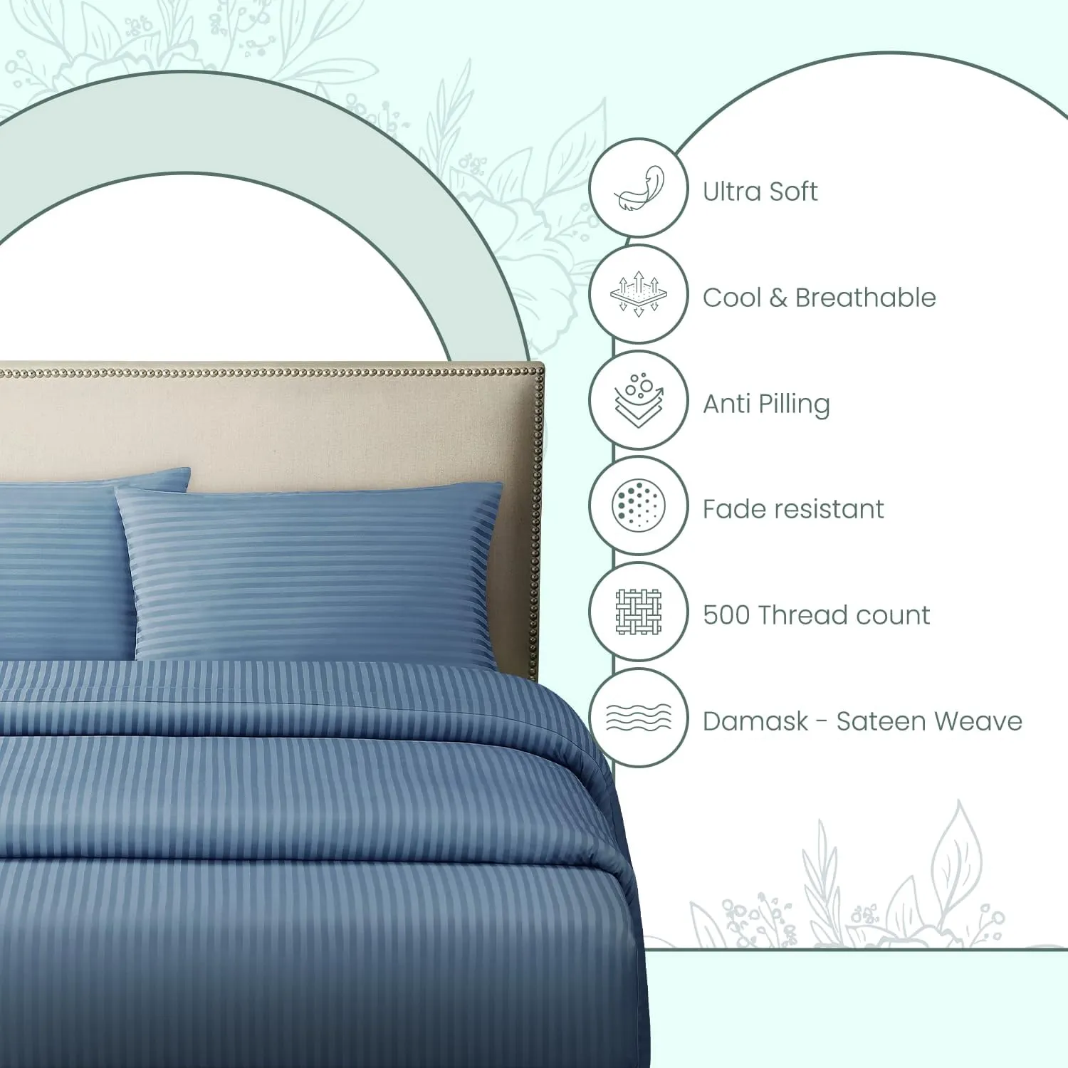 Feather & Stitch 500 TC Twin Size Damask Bed Sheet Set, 100% Cotton Soft Breathable Bedsheets, 3 Piece 18" Deep Pockets Sateen Weave Striped Bedding Mattress Resort Hotel Luxury- (Blue, Twin)