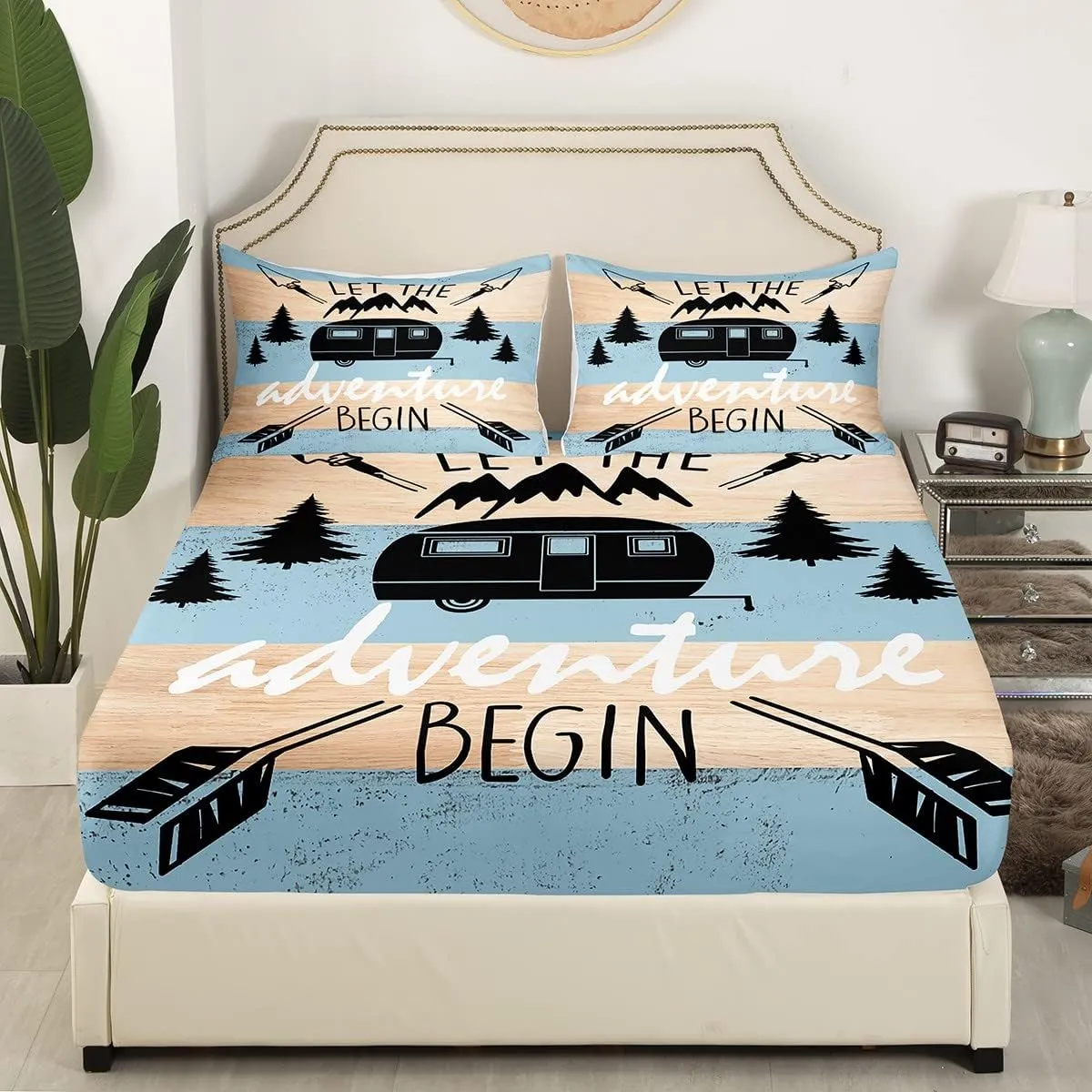 Feelyou Camper Bed Sheet Set Happy Camping Bedding Set RV Camping Fitted Sheet Blue Cartoon Car Flat Sheet for Kids Boys Girls Adults 3Pcs with 1 Pillow Case Twin