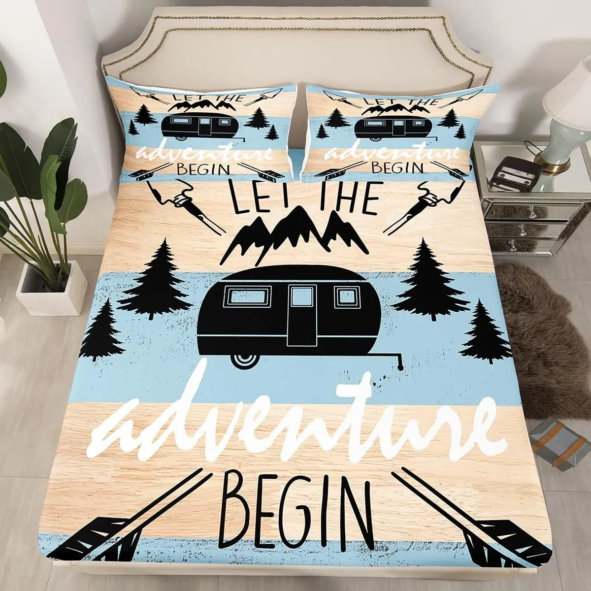 Feelyou Camper Bed Sheet Set Happy Camping Bedding Set RV Camping Fitted Sheet Blue Cartoon Car Flat Sheet for Kids Boys Girls Adults 3Pcs with 1 Pillow Case Twin