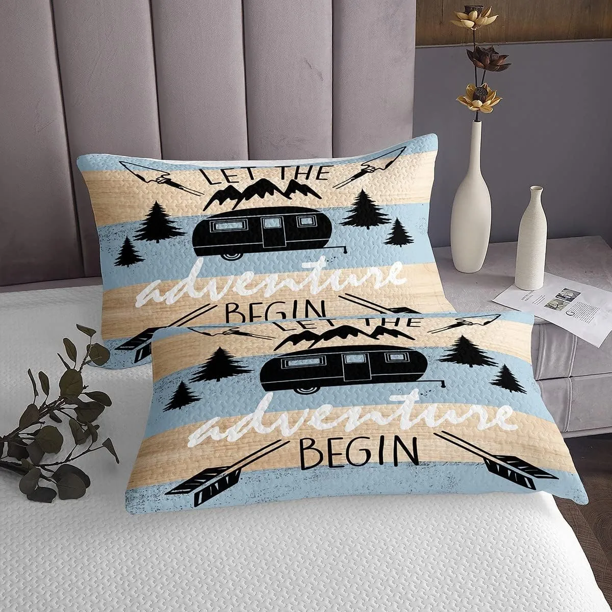 Feelyou Camper Bed Sheet Set Happy Camping Bedding Set RV Camping Fitted Sheet Blue Cartoon Car Flat Sheet for Kids Boys Girls Adults 3Pcs with 1 Pillow Case Twin