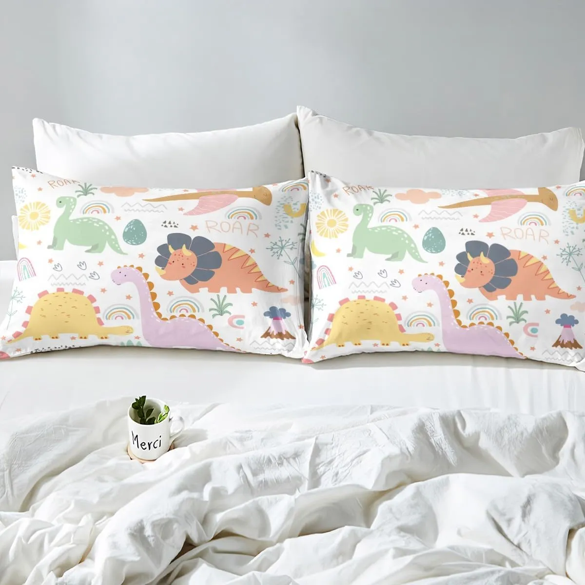 Feelyou Dinosaur Sheets with Deep Pocket Fitted Sheet Twin Size, Cute Rainbow Dino Bed Sheets Set for Kids Boys Girls Jungle Dino Sheet Set Cartoon Rainbow Wildlife Bedding Set Microfiber Bed Set