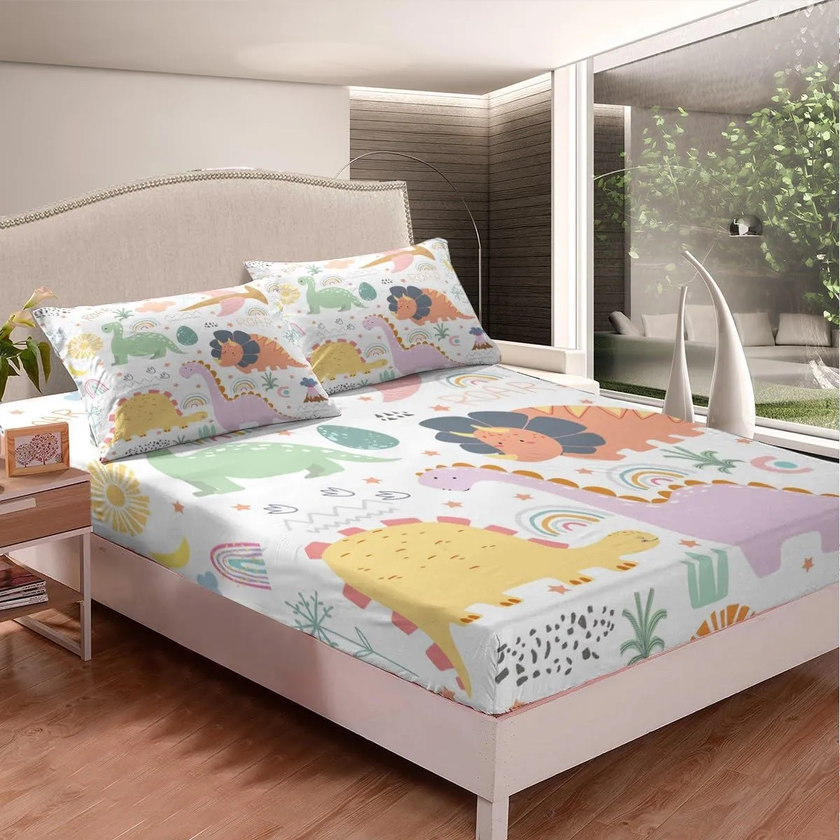 Feelyou Dinosaur Sheets with Deep Pocket Fitted Sheet Twin Size, Cute Rainbow Dino Bed Sheets Set for Kids Boys Girls Jungle Dino Sheet Set Cartoon Rainbow Wildlife Bedding Set Microfiber Bed Set