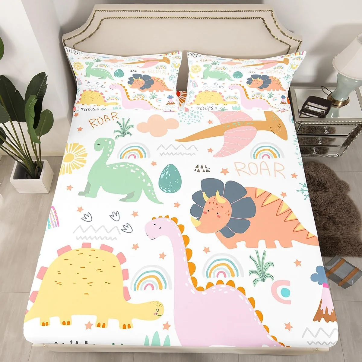 Feelyou Dinosaur Sheets with Deep Pocket Fitted Sheet Twin Size, Cute Rainbow Dino Bed Sheets Set for Kids Boys Girls Jungle Dino Sheet Set Cartoon Rainbow Wildlife Bedding Set Microfiber Bed Set