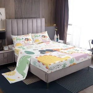Feelyou Dinosaur Sheets with Deep Pocket Fitted Sheet Twin Size, Cute Rainbow Dino Bed Sheets Set for Kids Boys Girls Jungle Dino Sheet Set Cartoon Rainbow Wildlife Bedding Set Microfiber Bed Set