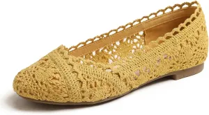 FEVERSOLE Women's Comfort Breathable Knit Crochet Shoes Lace Ballet Flats