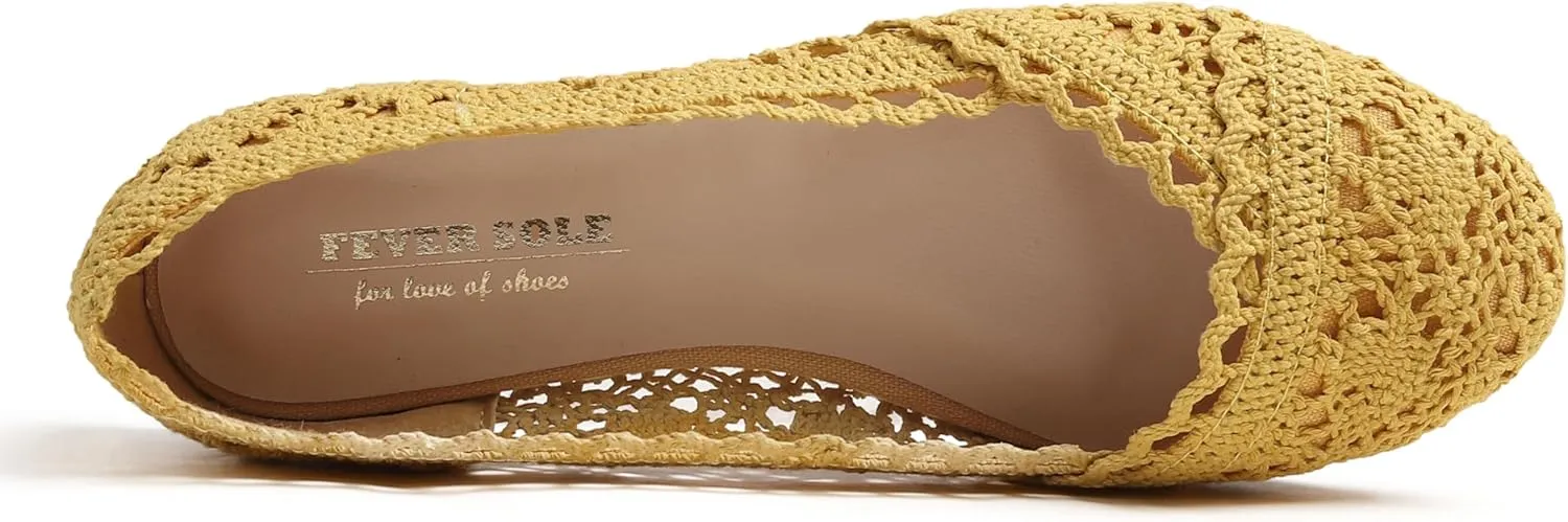 FEVERSOLE Women's Comfort Breathable Knit Crochet Shoes Lace Ballet Flats