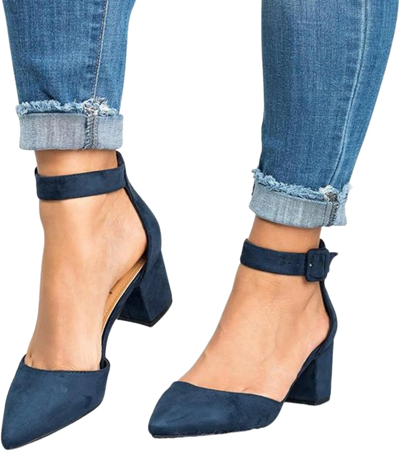 FISACE Womens Low Mid Square Heel Ankle Strap Sandal Office Ladies Pointed Toe Pumps Shoes