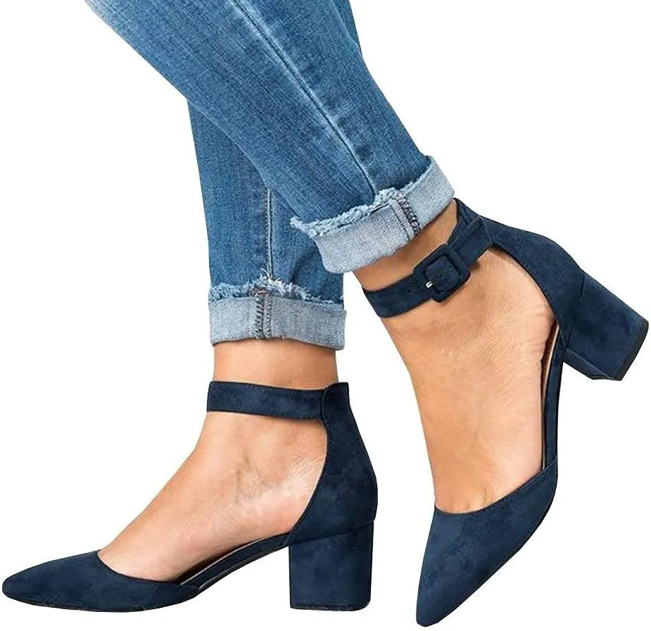FISACE Womens Low Mid Square Heel Ankle Strap Sandal Office Ladies Pointed Toe Pumps Shoes