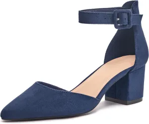 FISACE Womens Low Mid Square Heel Ankle Strap Sandal Office Ladies Pointed Toe Pumps Shoes