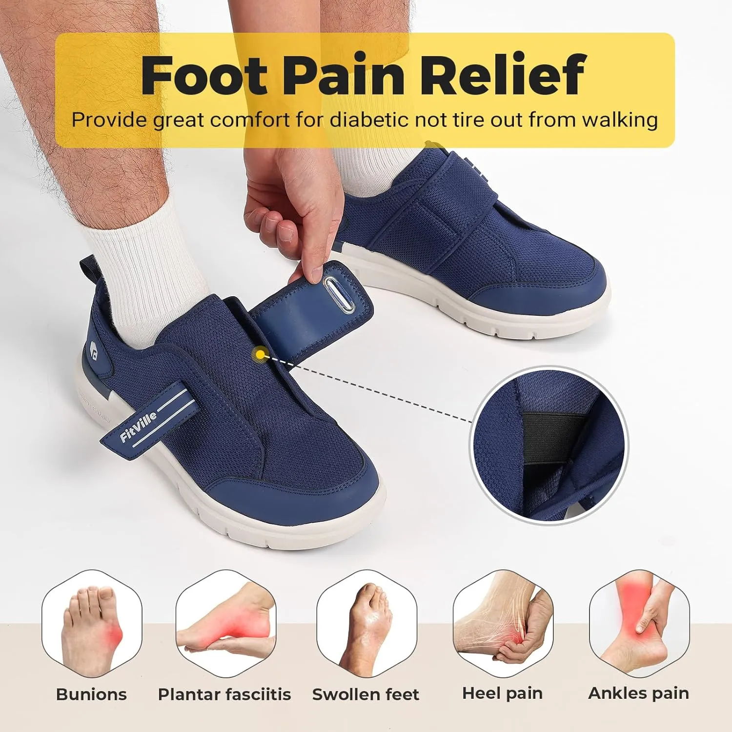 FitVille Diabetic Shoes for Men Extra Wide, Hook and Loop Walking Shoes for Elderly for Swollen Feet Foot Pain Relief Neuropathy - EasyTop V10