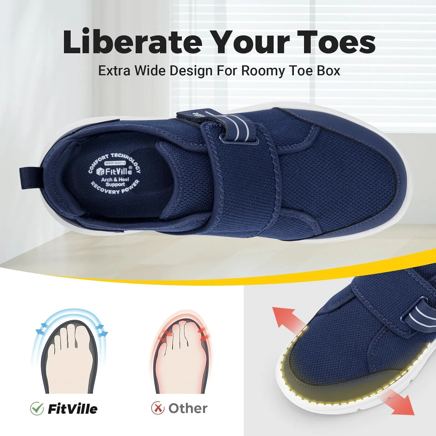 FitVille Diabetic Shoes for Men Extra Wide, Hook and Loop Walking Shoes for Elderly for Swollen Feet Foot Pain Relief Neuropathy - EasyTop V10