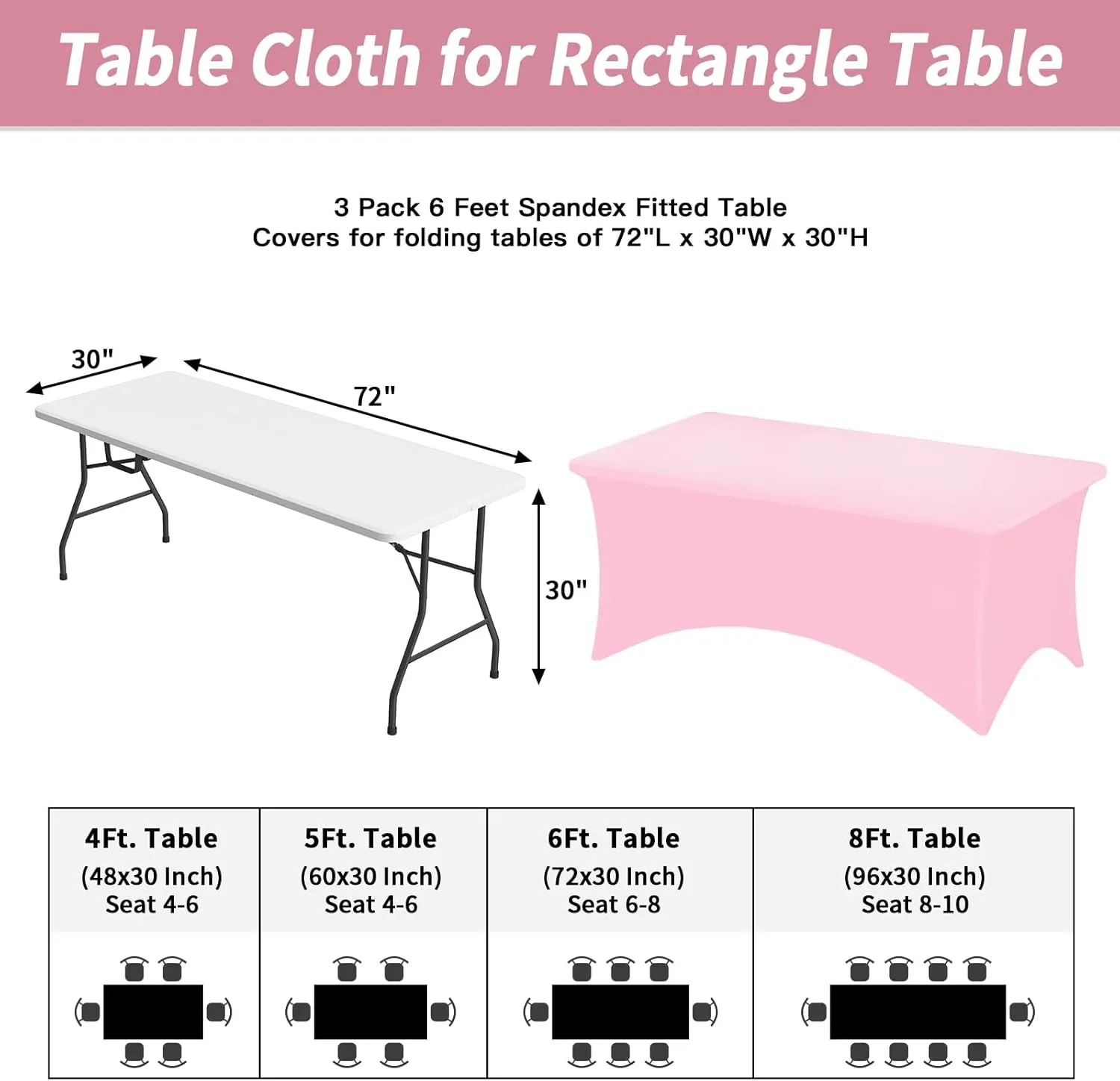 Fixwal 3 Pack Pink Table Cloths Rectangle 6FT, Tablecloths Rectangular Stretch Spandex Fitted Table Covers 6 ft for Parties, Trade Shows, Banquet, Weddings, Buffet, Graduation Decorations