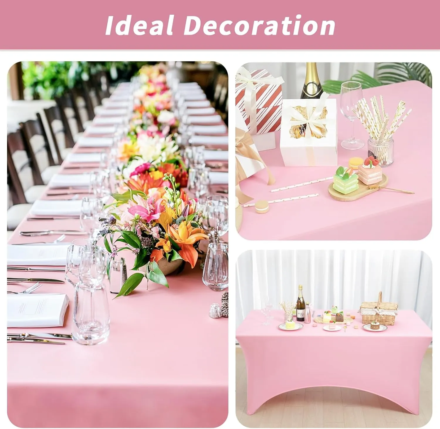 Fixwal 3 Pack Pink Table Cloths Rectangle 6FT, Tablecloths Rectangular Stretch Spandex Fitted Table Covers 6 ft for Parties, Trade Shows, Banquet, Weddings, Buffet, Graduation Decorations