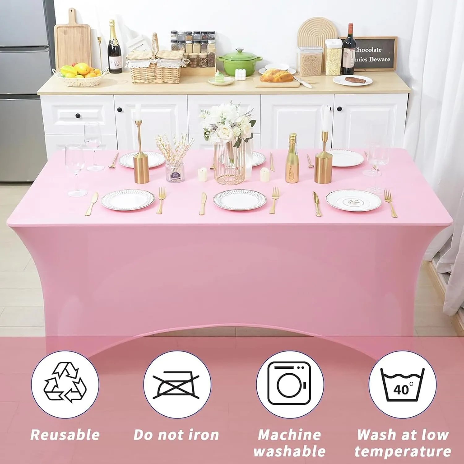 Fixwal 3 Pack Pink Table Cloths Rectangle 6FT, Tablecloths Rectangular Stretch Spandex Fitted Table Covers 6 ft for Parties, Trade Shows, Banquet, Weddings, Buffet, Graduation Decorations