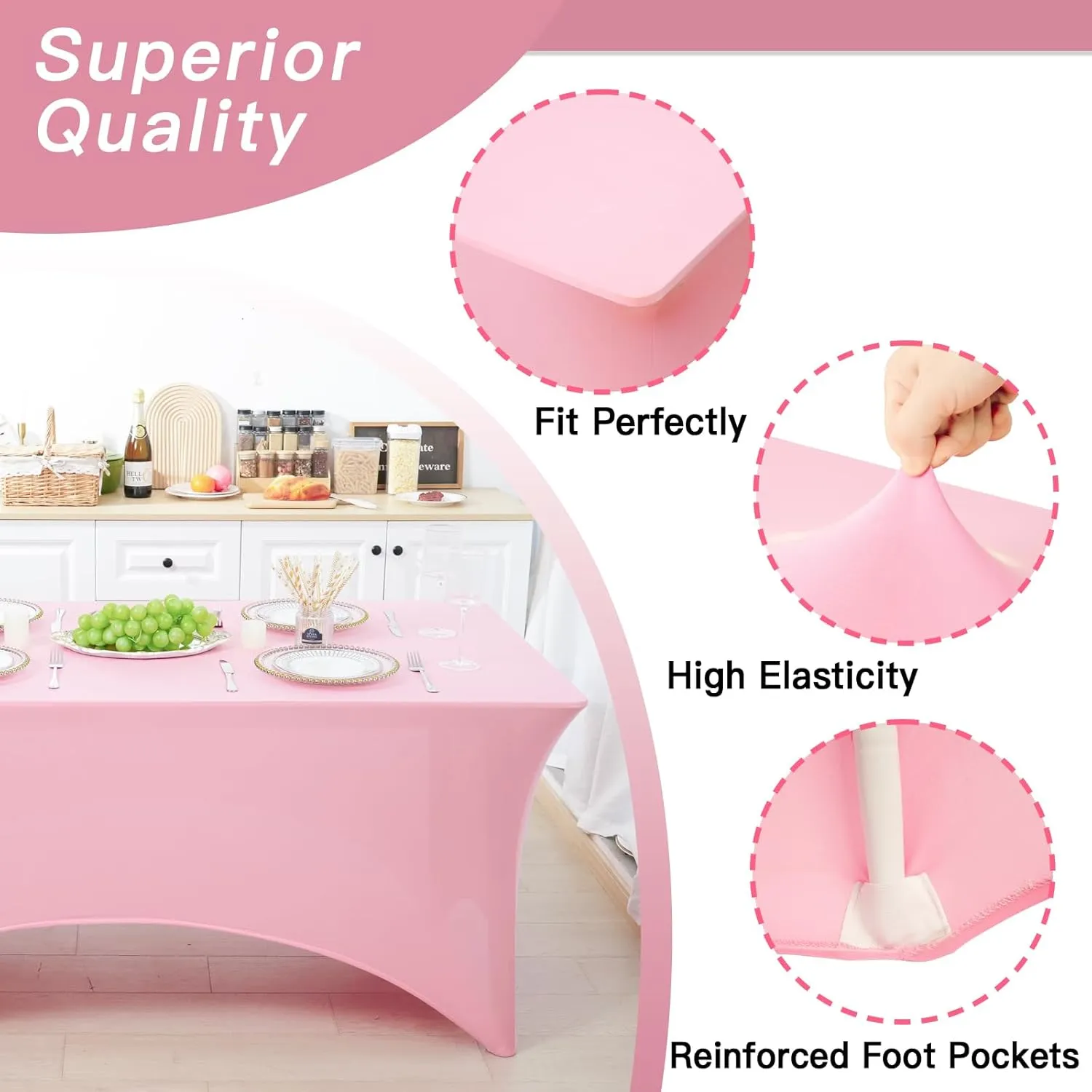Fixwal 3 Pack Pink Table Cloths Rectangle 6FT, Tablecloths Rectangular Stretch Spandex Fitted Table Covers 6 ft for Parties, Trade Shows, Banquet, Weddings, Buffet, Graduation Decorations