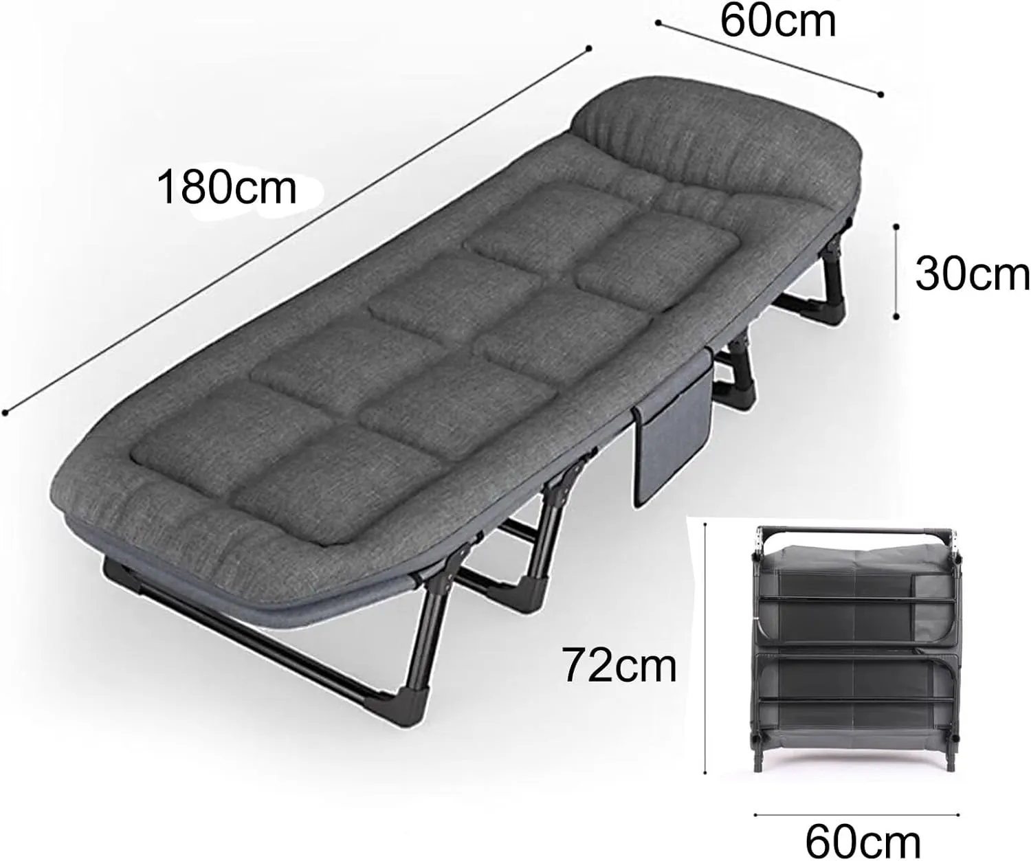 Foldable Metal Bed with Mattress - Single Multifunctional Cot for Office, Adjustable Backrest (6 Levels), Heavy-Duty Load Capacity, Space-Saving Design (180x60x35cm)