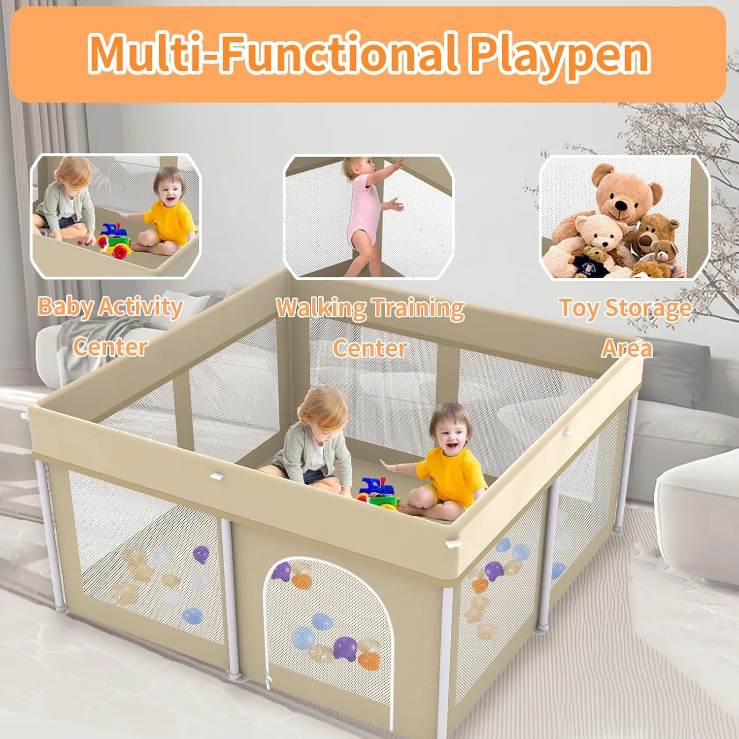Foldable Playpen 50x50, Foldable Ultra-Portable Baby Playpen, Instantly Deployed in Three Seconds, Safe Baby Playard with Soft Breathable Mesh, Perfect Activity Center for Baby's Play, Beige